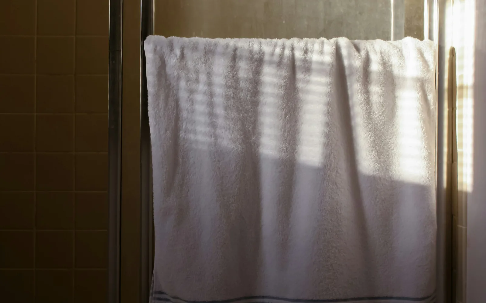 White towel hanging beside a shower enclosure in sunlight