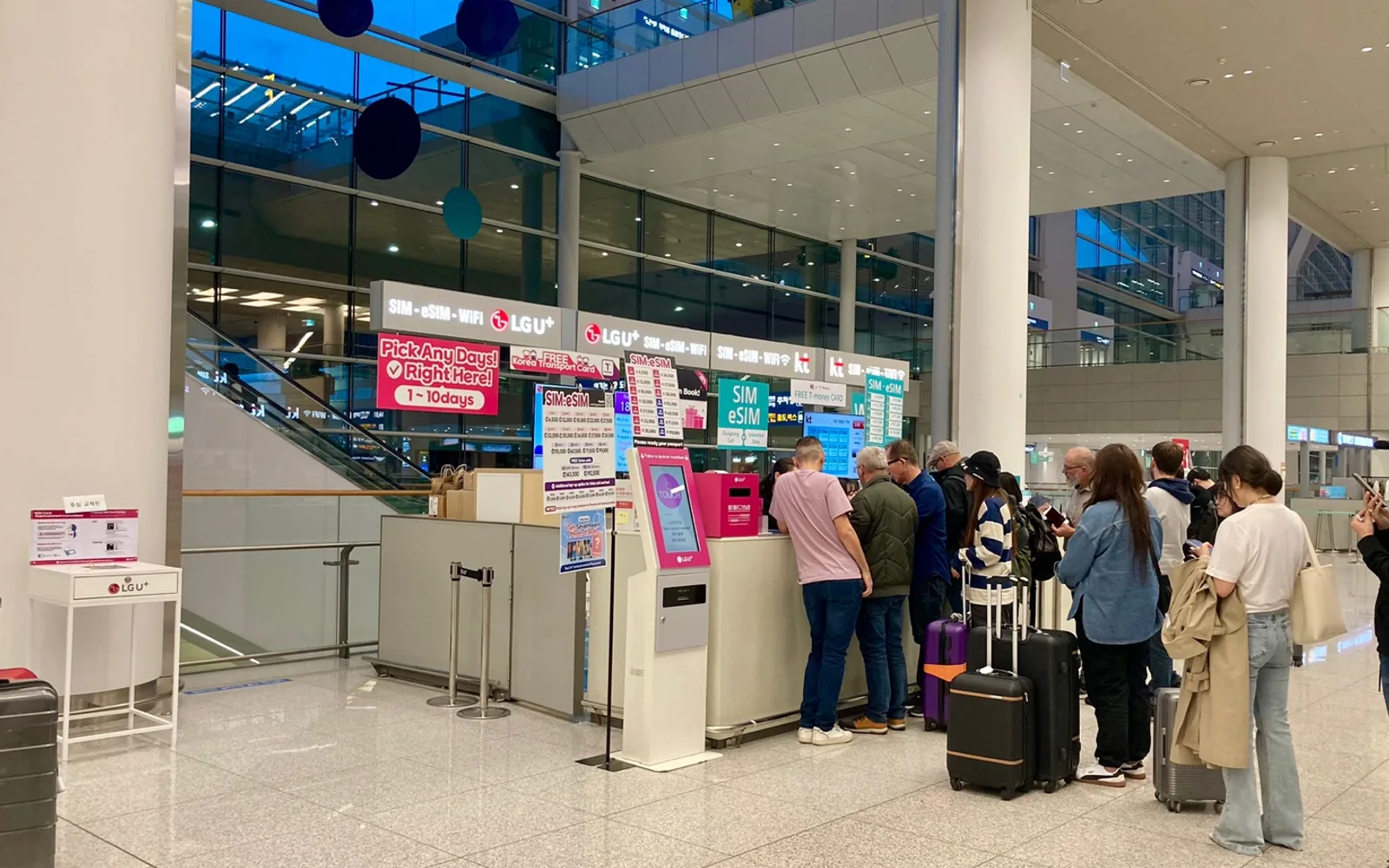 LG U+ and KT SIM, eSIM and Wi-Fi counters inside Incheon Airport Terminal 2