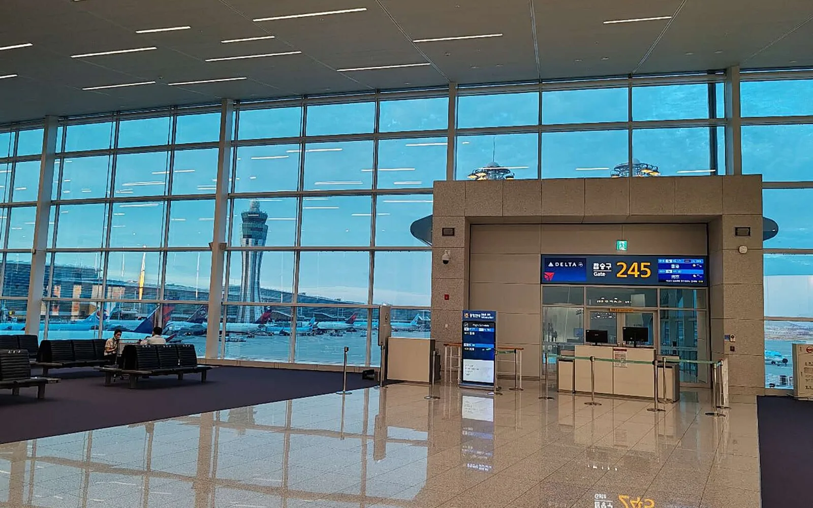 Terminal 2 airside at Gate 245 at dusk